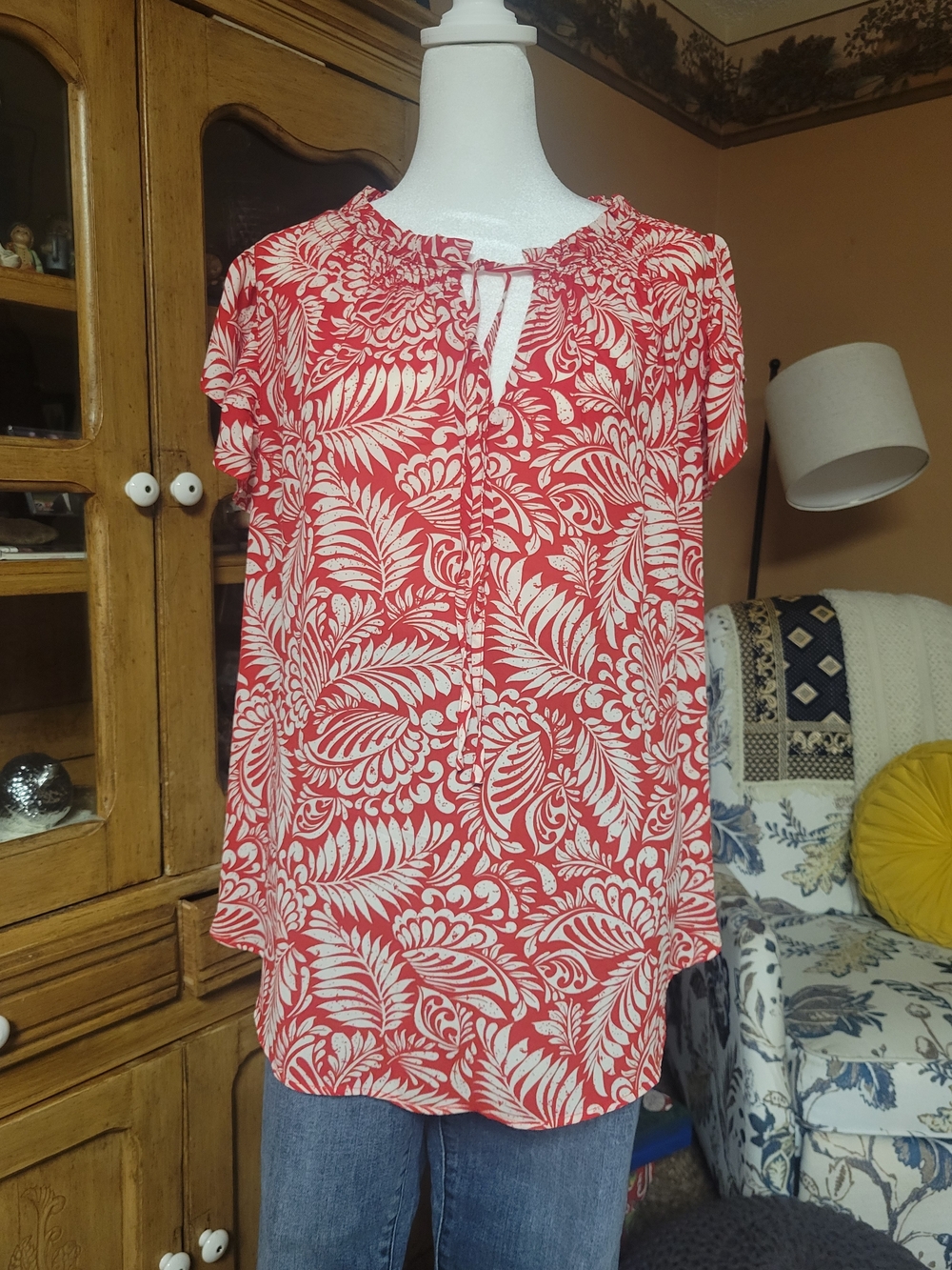 Premise Woman Print Blouse 1X Coral White Mixed Media Short Butterfly Sleeve